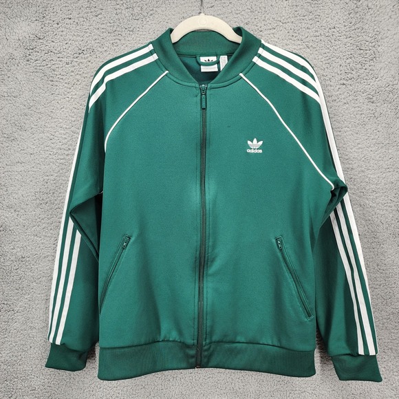 Adidas Womens Track Jacket Full Zip Large Green White 3 Stripe Long Sleeve - Picture 1 of 11
